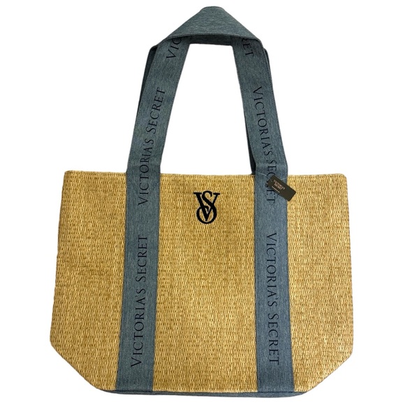 Victoria’s Secret Straw Beige Blue Tote Bag NWT - Picture 10 of 13